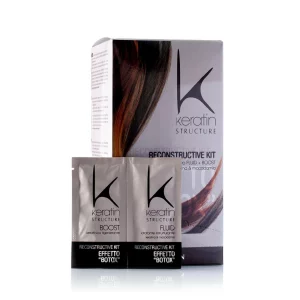 Keratin Struktur Boost + Fluid Keratin Reconstructive Kit Effetto Boto, ein Haarpflegeprodukt, das darauf abzielt, das Haar zu reparieren, zu stärken und ihm einen Effekt ähnlich dem von Boto zu verleihen.