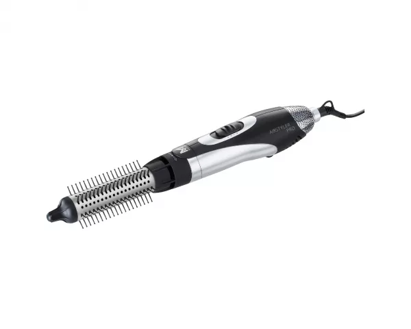 Moser Airstyler Pro, das heißes oder kaltes Luftgebläse erzeugt und gleichzeitig Bürsten oder andere Aufsätze verwendet, um das Haar zu trocknen, zu glätten, zu locken oder Volumen zu verleihen.