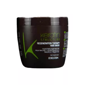 KERATIN STRUCTURE REGENERATION THERAPY MASK, eine Aufbaumaske, die entwickelt wurde, um geschädigtes Haar zu reparieren und wiederherzustellen. Diese Maske enthält Keratin und Aloe Vera, das ein Protein ist, das natürlicherweise im Haar vorkommt und für seine Stärke und Struktur verantwortlich ist. Aloe versorgt das Haar mit Feuchtigkeit, Spannkraft und macht es weich.