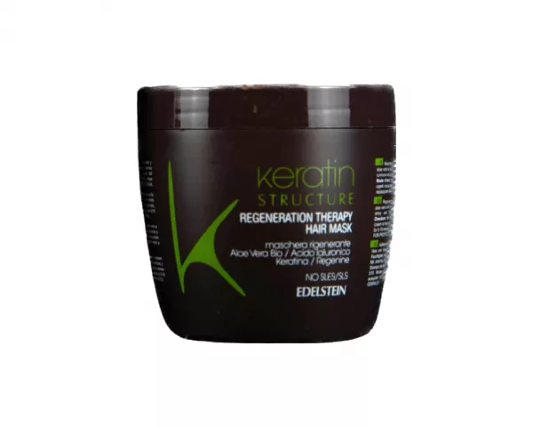 KERATIN STRUCTURE REGENERATION THERAPY MASK, eine Aufbaumaske, die entwickelt wurde, um geschädigtes Haar zu reparieren und wiederherzustellen. Diese Maske enthält Keratin und Aloe Vera, das ein Protein ist, das natürlicherweise im Haar vorkommt und für seine Stärke und Struktur verantwortlich ist. Aloe versorgt das Haar mit Feuchtigkeit, Spannkraft und macht es weich.