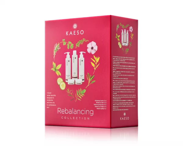 Kaeso Beauty Rebalancing Collection, eine Produktlinie von Kaeso, die speziell für die Pflege von fettiger oder Mischhaut entwickelt wurde. Die Rebalancing Collection enthält eine Auswahl an Produkten, die dazu beitragen, das natürliche Gleichgewicht der Haut wiederherzustellen und überschüssigen Talg zu kontrollieren.